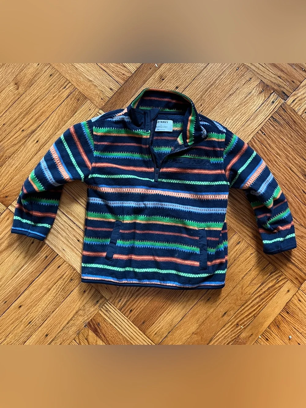 Old Navy Navy Striped Half-Zip Fleece with Green and Orange Accents